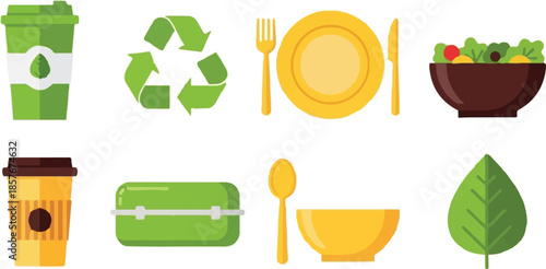 Set of eco-friendly and sustainable food, drink, and recycling icons