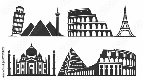 Eiffel Tower Colosseum Pyramids Taj Mahal Pisa World Landmarks Silhouette Vector Icons Travel Tourism Architecture Design