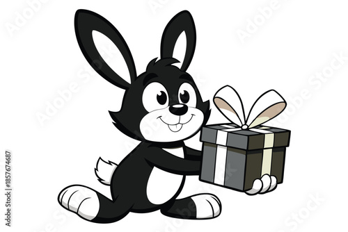 Black and white cartoon rabbit smiles while holding a striped gift box tightly