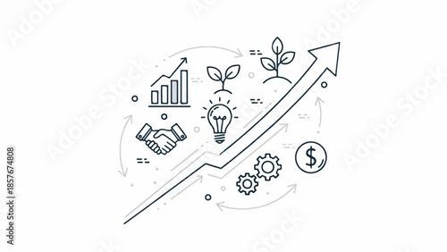 Illustration of a rising graph symbolizing business growth with elements of innovation and finance