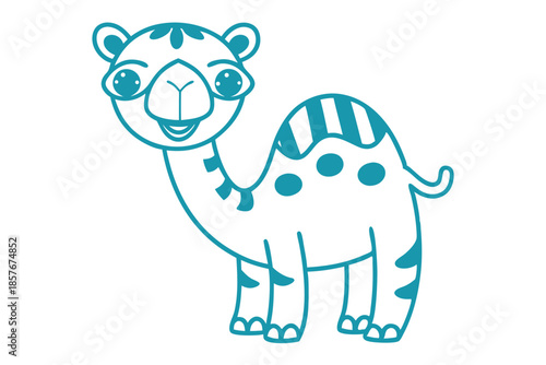 Cheerful teal camel smiles with its cartoon spots and stripes for everyone