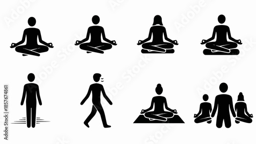 Serene meditation scenes depicting various yoga poses and mindfulness activities in a peaceful environment