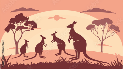 Australian Kangaroo Family Mob Silhouette Standing in Outback Sunset Landscape Vector Illustration Wildlife Nature Travel Background Design