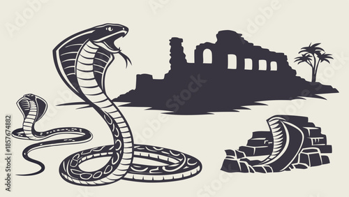 King Cobra Snake Illustration Rearing Up Ancient Ruins Silhouette Vector Art Danger Power Mythology Design Asset