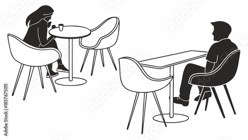 Modern Cafe Interior Vector Illustration People Sitting at Tables Minimalist Outline Drawing for Web Design and Lifestyle Content