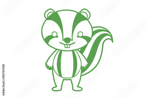 Charming skunk stands cutely outlined in green with stripes and a bushy tail