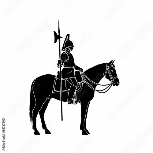 Silhouette of a medieval knight on horseback holding a lance.