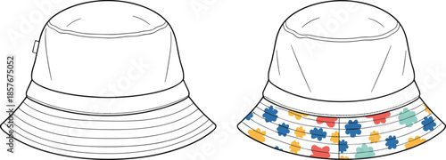Bucket hat vector illustration, fashion accessory sketch, plain and floral brim styles, headwear comparison, garment design template, clothing blueprint