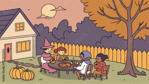 Multicultural Girls Friends Sharing Snacks at Outdoor Fall Celebration Diverse Childhood Friendship Illustration