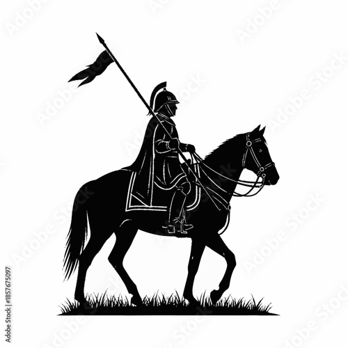 Silhouette of a medieval knight on horseback carrying a flag.