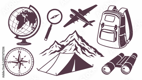 Outdoor Adventure Travel Icons Set Vector Illustration Globe Compass Backpack Tent Mountains Hiking Exploration