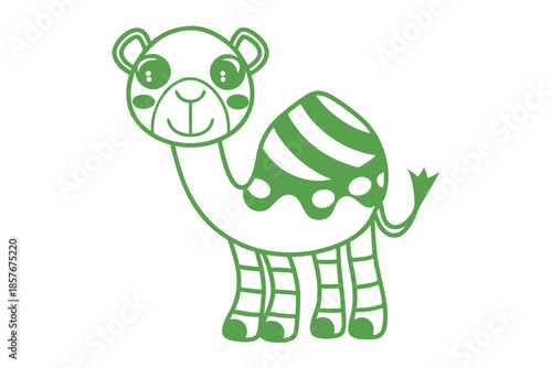 A cute green camel outlined artfully with curved lines stands smiling cheerfully against white