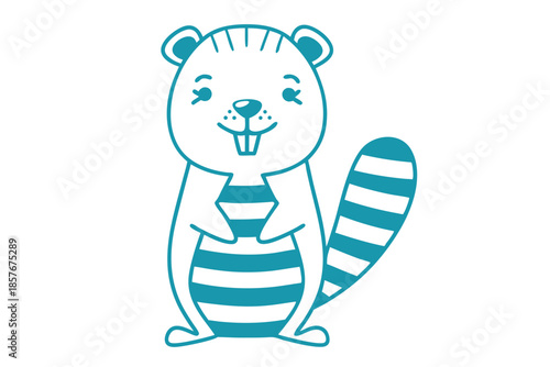 Smiling teal beaver stands cheerfully while displaying its striped body against a white background