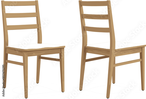 Pair of simple light brown wooden kitchen chairs vector illustration featuring front and three-quarter rear views isolated on white background.