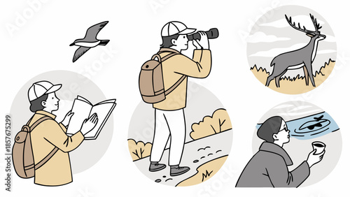 Hiker and Naturalist Observing Wildlife Outdoors Bird Watching Ecology Study Activities Set for Conservation and Ecotourism Research Illustration