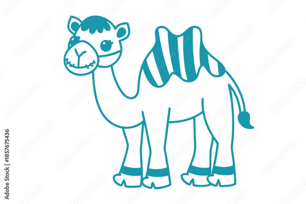 Obraz premium Turquoise outline showcases a cartoon camel with a cute smile on a white background