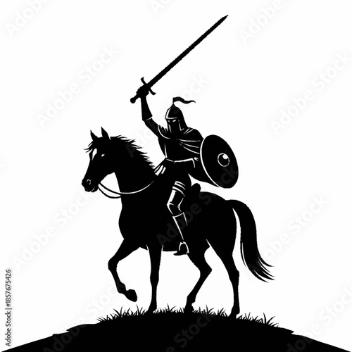 Silhouette of a medieval knight on horseback holding a sword.