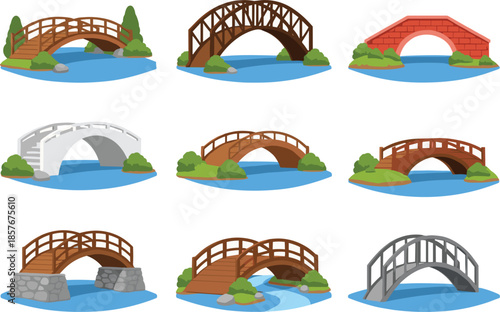 Set of small bridge vector illustrations featuring various wooden, stone, and metal footbridges over blue water for garden and landscape design.