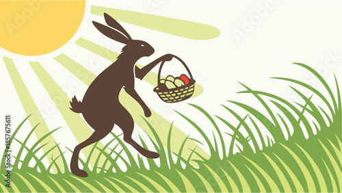 Happy Easter Rabbit Running with Egg Basket in Sunny Spring Grass Seasonal Holiday Marketing Vector Illustration