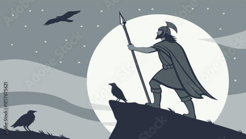 Powerful Viking Warrior Silhouette Standing on Cliff Edge Under Full Moon Holding Spear with Ravens Graphic Illustration
