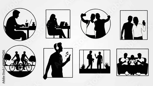 A collection of silhouetted people engaging in various activities in different settings, captured from multiple viewpoints.