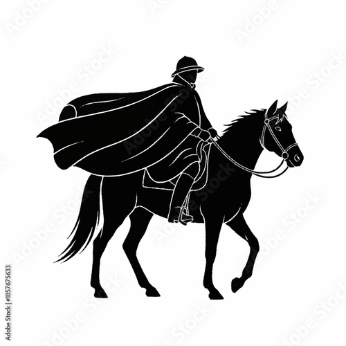 Silhouette of a person riding a horse wearing a cape.