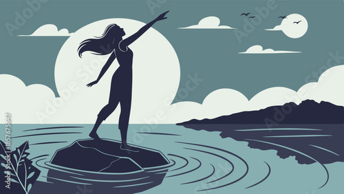 Aspirational Woman Silhouette Reaching Up to the Sky Standing on Rock in Water Minimalist Vector Art for Freedom Wellness and Personal Growth