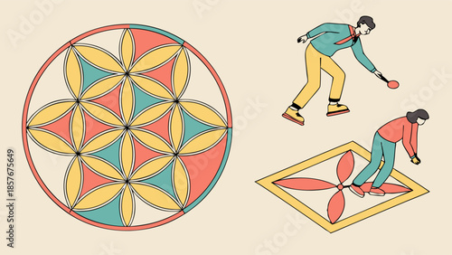 Detailed Geometric Pattern Design Illustration with Architects Planning Precision Layout and Interior Tiling Work