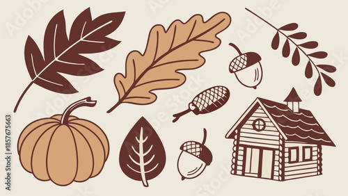 Rustic Hand Drawn Autumn Harvest Elements Set Cozy Log Cabin Pumpkin Acorns and Fall Leaves for Seasonal Web Design and Marketing