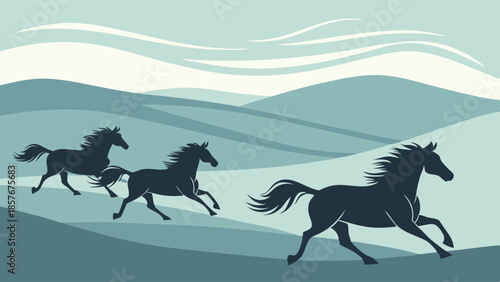Dynamic Silhouette of Three Wild Horses Running Fast Across Rolling Hills Minimalist Graphic Design Vector Illustration of Freedom and Power