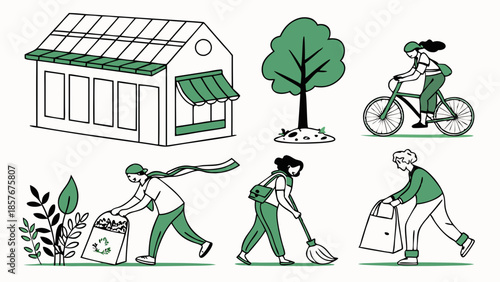 Sustainable Eco Friendly Living Vector Set Green Store Zero Waste Recycling Community Service People Cycling and Planting Environment Illustration