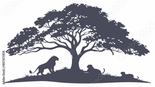 African Lion Pride Silhouette Resting Under Wide Savanna Tree Wildlife Conservation Safari Travel Logo Design