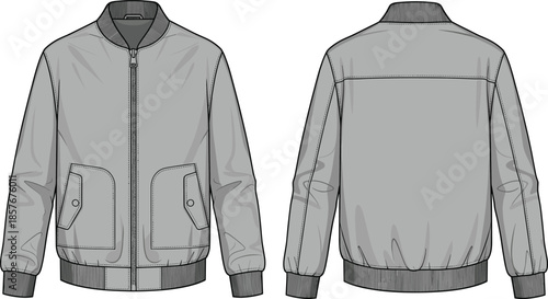 Technical bomber jacket vector illustration, fashion flat sketch, front and back views, flap pocket design, garment template, clothing blueprint, apparel construction