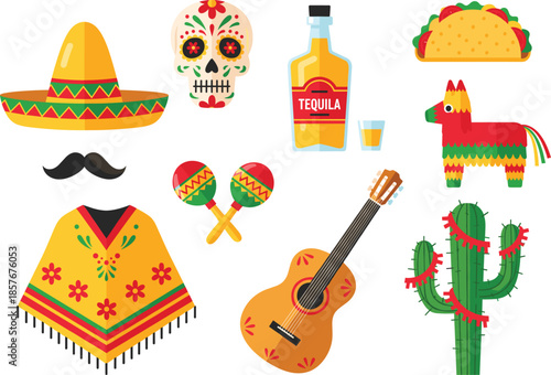 Set of Mexican fiesta vector icons featuring a sombrero, maracas, sugar skull, taco, tequila bottle, guitar, floral poncho, and colorful donkey piñata.