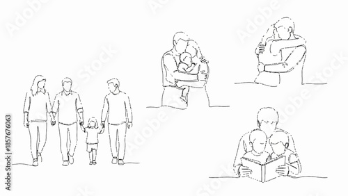 A family enjoying quality time together, walking and embracing in a serene environment