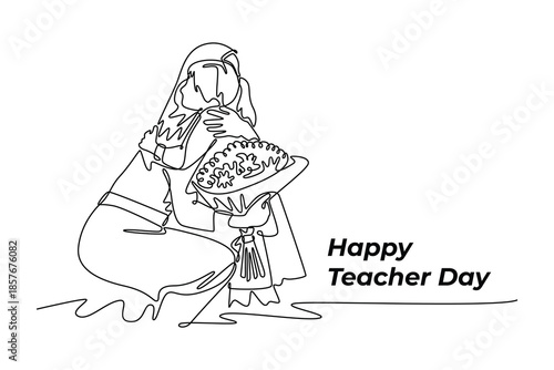 Little schoolgirl greeting her teacher in classroom. Teacher day concept. Single line draw design. Vector graphic illustration