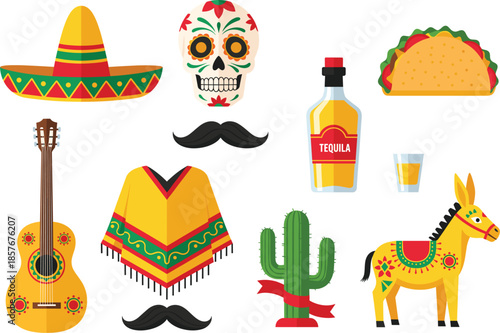 Mexican fiesta vector illustration set featuring a sombrero, sugar skull, taco, tequila, guitar, poncho, cactus, and colorful piñata donkey icons.