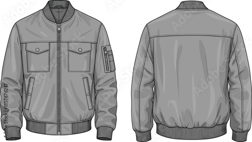 Technical bomber jacket vector illustration, fashion flat sketch, front and back views, garment design template, outerwear construction, clothing blueprint, utility pocket