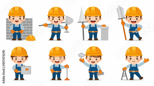Cartoon Construction Worker Characters in Various Poses and Actions.