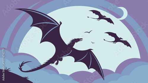 Epic Dark Dragon Silhouette Flying Across Giant Full Moon in Twilight Sky Fantasy Adventure Vector Illustration