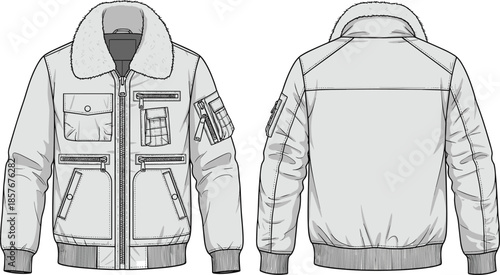 Technical bomber jacket vector illustration, fashion flat sketch, front and back views, shearling collar design, garment template, clothing blueprint, apparel construction