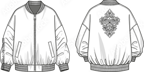 Technical bomber jacket vector illustration, fashion flat sketch, front and back views, ornamental back design, garment template, clothing blueprint, apparel construction