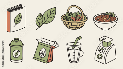 Plant Based Nutrition Icons Set Healthy Lifestyle Cooking and Wellness Infographic Elements for Web Design and App UI