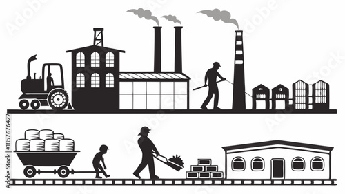 Vintage Industrial Revolution Factory Silhouette Manual Laborers Working Production Line Child Worker Historical Manufacturing Scene