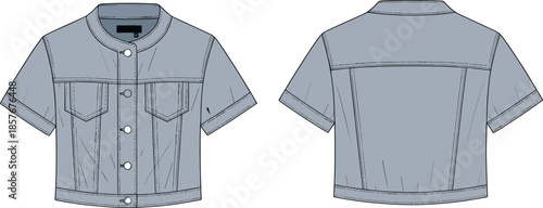 Technical denim jacket vector illustration, cropped short-sleeve fashion sketch, front and back views, garment design template, clothing blueprint, apparel construction