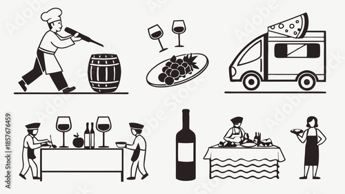 Wine Production and Gourmet Catering Service Icons Set Chef Sommelier Food Delivery and Tasting Event Hospitality Industry Illustrations