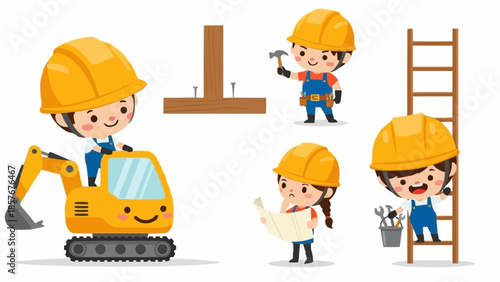 Cartoon Construction Workers and Equipment - A Cheerful Team at Work.