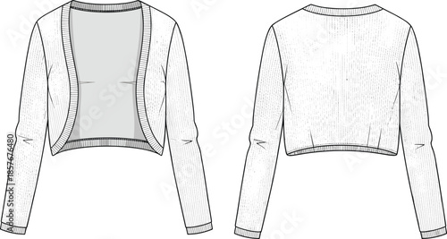 Technical cropped cardigan vector illustration, fashion flat sketch, front and back views, ribbed neckline design, garment template, clothing blueprint, apparel construction