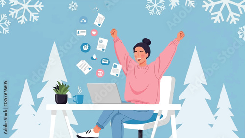 Happy Woman Celebrating Success Working Remotely in Winter Landscape