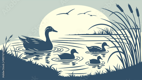 Vintage Silhouette Illustration of Mother Duck and Ducklings Swimming in Water Peaceful Wildlife Nature Scene Design